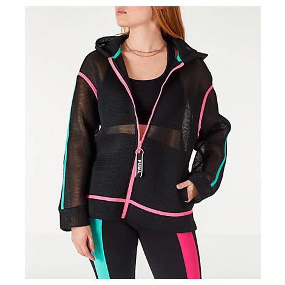 PUMA CHASE SPACER Breathable Mesh ZIP-UP HOODIE Black NEON PINK Wintergreen